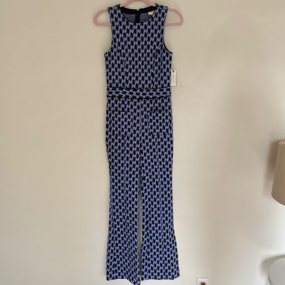Maeve Anthropologie Ponte Wide Leg Jumpsuit NWT in Blue Motif Size XS